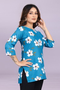 <b>Indian</b> Yellow Floral Slub Cotton Short Kurtis and Tunic for Women Ethnic Casual <b>Top</b> with Digital Print Casual and Daily Wear <b>Top</b> - Product Image 4