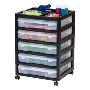 Carrello portaoggetti in plastica con 5 cassetti e piano organizer, con ruote, nero - Product Image 1