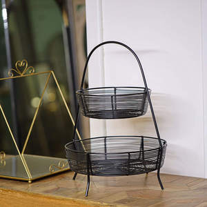 Vaisselle panier de rangement fruits et de rangement, panier à sol noir en métal à 2 niveaux, vaisselle de cuisine décorative, bols ronds noirs - Product Image 1