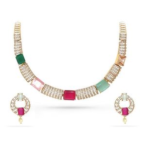 Ensemble collier et boucles d'oreilles en alliage plaqué or avec cristaux roses et verts, design géométrique, pour femmes, bijoux de fête - Product Image 5
