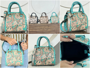 Bolsos de lona de cuero floral personalizados con precio de fábrica al por mayor, bolsos de mano pequeños turquesa para viaje y compras para mujer - Product Image 3