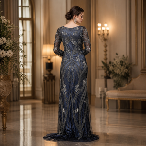 Luxury Navy <b>Blue</b> <b>Beaded</b> Evening Gown for Women | Elegant Long Sleeve Mermaid Formal Dress Floral Sequin Embellished Party Wear - Product Image 3