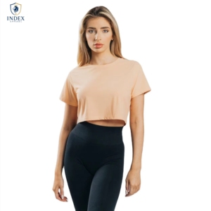 INDEX APPAREL Women's Peach Crop <b>Top</b> T-Shirt O-Neck Short Sleeve Solid Color Casual Summer Wear Slim Fit Knitted Spandex - Product Image 1