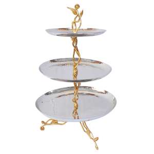 2-Tier Metal Cake Stand Round Stainless Steel & Brass Flourished Design With Crystal Flower Embellishment Decorative Home Table - Product Image 6