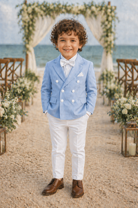Costume de mariage sur mesure pour garçons à double boutonnage |   Blazer en jacquard marron avec pantalon kaki et nœud papillon |   Costume de soirée formel pour enfants - Product Image 4