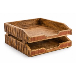 Mango <b>Wood</b> Stackable <b>Letter</b> Tray with Terracotta Inlay | Wholesale Office Organizer - Product Image 1