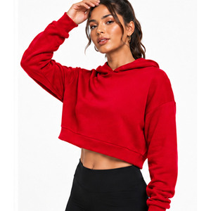 OEM Custom Design <b>Women</b> Cropped Hoodie <b>Red</b> Solid Color Long Sleeve Hooded <b>Sweatshirt</b> Casual Autumn Wear Breathable Hoodie - Product Image 3