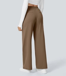 Pantalones de Pierna Ancha de Cintura Alta para Mujer, Color Sólido, Tela Crepé, Pliegues Delanteros, Corte Holgado, Casual, Largos, para Otoño - Product Image 2