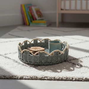 Scalloped Woven <b>Paper</b> Rope Tray - Round Gray Storage Bin with White Scalloped Edge for Decor - Product Image 1