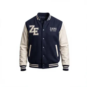 Blouson universitaire unisexe pour homme, automne, en laine/polyester, coupe-vent, col montant, broderie personnalisée, logo patch chenille, bleu marine - Product Image 1
