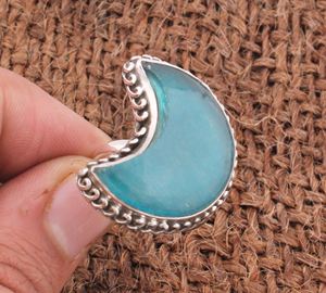 แหวนหินแคลเซโดนีสีน้ำเงินธรรมชาติลายจุด ประดับด้วยเงินแท้ 925 สไตล์วินเทจ เครื่องประดับพลอยสีน้ำเงินสำหรับผู้หญิง รับสั่งทำขายส่ง - Product Image 3