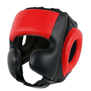 Red PU Leather Striped Design <b>Boxing</b> Head Guard with Buckle Closure and Clear Visor for Adults Unisex Universal Use - Product Image 2