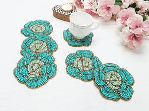 Handmade Beaded Flower Coaster Set Of 6 Reusable Bar Mats Classic <b>Drinkware</b> <b>Accessories</b> For Home Use - Product Image 2
