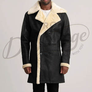 Abrigo Largo de Cuero Genuino Negro para Hombre, Abrigo de Invierno Cálido con Forro de Piel de Oveja, Abrigo de Lujo con Cuello de Piel - Product Image 4