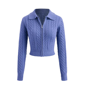 Women Knit <b>Cardigan</b> Blue Casual Long Sleeve Lapel Neck <b>Zip</b> <b>Up</b> Autumn Top Selling Fashion Lady Cropped Cable Sweater Outerwear - Product Image 1