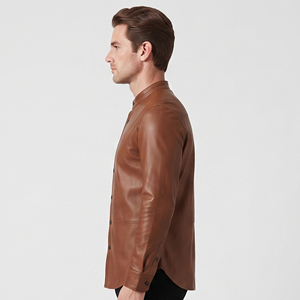 Chemise en cuir boutonnée pour homme, col montant, manches longues, fermeture à boutons corne, respirante, anti-boulochage, infroissable - Product Image 3