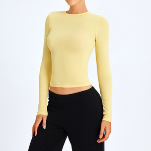 Haut court à manches longues pour femme, col rond, couleur unie, tricoté, extensible, coupe ajustée, pour le yoga et l'entraînement - Product Image 1