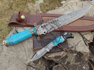 Nouveau Couteau Bowie à Lame Fixe en Acier Damas, Couteau de Chasse de Collection à Tranchant Affûté, Couteau de Survie avec Pierre Bleue et Manche en Laiton - Product Image 6