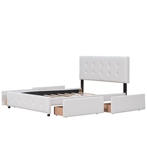 Lit plateforme rembourré blanc taille Queen avec tête de lit classique et 4 tiroirs en tissu lin, aucun sommier tapissier nécessaire - Product Image 5