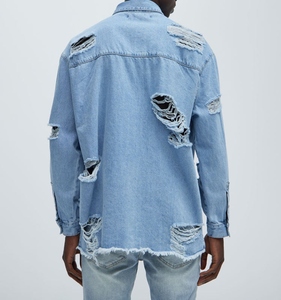 Chemises pour hommes en denim de coton bleu, col montant, manches longues, respirantes, décontractées, coupe classique, effet délavé - Product Image 3