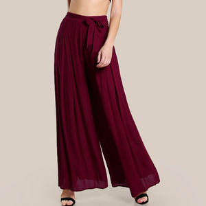 Pantalon Palazzo Plissé Taille Haute Décontracté à Jambes Larges en Velours Côtelé Respirant et Antistatique pour Femmes Grandes Tailles avec Liens à Nouer - Product Image 1