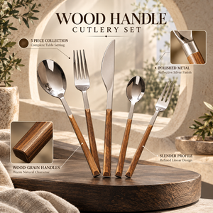 Juego de Cubiertos de Acero Inoxidable de Cinco Piezas con Mango de Madera Natural |   Colección de Cubiertos de Plata de Primera Calidad para una Cena Elegante - Product Image 5