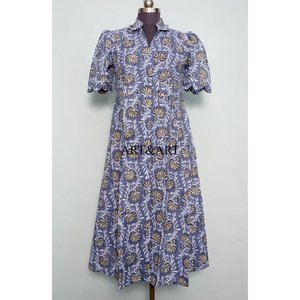 Robe midi trapèze en pur coton pour femme, imprimée à la main motif floral, style décontracté et élégant, idéale pour le quotidien et les fêtes, simple, lavable - Product Image 1