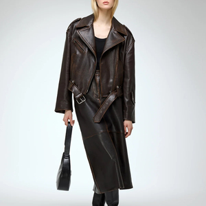 Women's Genuine <b>Leather</b> Moto <b>Jacket</b> <b>Long</b> Sleeve Turn-down Collar Zipper Closure Autumn Style Solid Color Full Length Outerwear - Product Image 1