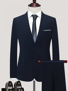 Luxury Trending ACCEPT LUXE Mens <b>Navy</b> <b>Blue</b> Slim Fit 100% Cotton Single Breasted 2 Piece Formal Business Wedding Prom Groom Party - Product Image 1