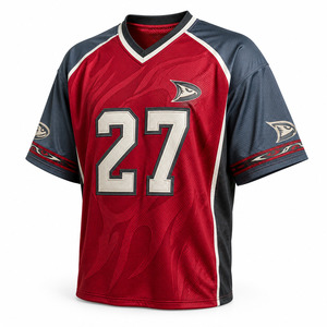 Men's V-Neck Short Sleeve <b>Soccer</b> Jersey Red Blue Mesh 100% Polyester Sublimated Print Number 27 Athletic Fit - Product Image 3
