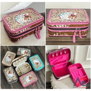 Women Premium Card Design <b>Tooled</b> <b>Leather</b> Zipper Portable Box Genuine Cowhide <b>Leather</b> Jewellery Storage Box Travel Case Organizer - Product Image 1