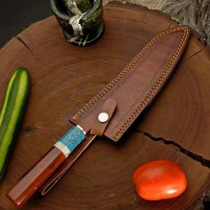 Cuchillo de chef japonés de acero de Damasco de 8-9.9 pulgadas con mango de madera y funda de cuero, cuchillo de cocina forjado para diestros - Product Image 2