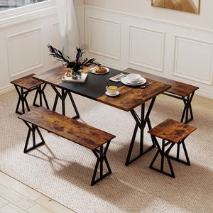 Juego de Comedor de 5 Piezas, Mesa de Cocina Rectangular Industrial con 2 Bancos y 2 Taburetes - Product Image 6