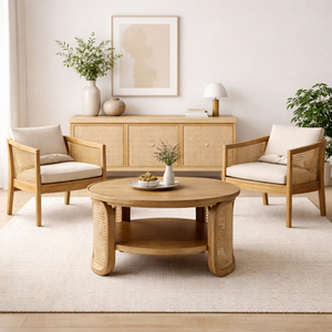 Mesa de Centro de Madera de Teca de Diseño Escandinavo Minimalista, Combinación Duradera de Ratán, Estantes de Almacenamiento Modernos, Sala de Estar Ecológica - Product Image 4