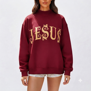เสื้อสเวตเชิ้ตคอเต่าทรงโอเวอร์ไซส์สำหรับผู้หญิง สีแดงเลือดหมู ปักลายตัวอักษรพระเยซู สีทอง แขนยาว ผ้าถักนิตติ้ง ผ้าฝ้าย แฟชั่นฤดูใบไม้ร่วง - Product Image 1
