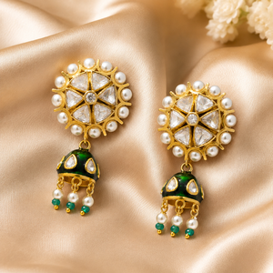 Wholesale Sstringz Exim 925 Sterling <b>Silver</b> Gold Plated Trendy Turquoise Polki Kundan Pearl Meenakari Pendant <b>Jhumka</b> Earrings - Product Image 4