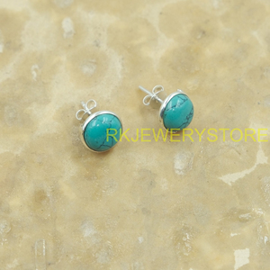 Natural Turquoise 925 Sterling <b>Silver</b> <b>Stud</b> <b>Earrings</b> Handmade Oval Cabochon Gemstone Minimalist Jewelry Gift for Women Girlfriend - Product Image 6