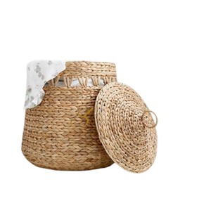 <b>Large</b> Boho Water Hyacinth Blanket <b>Basket</b> Woven Openwork <b>Storage</b> Hamper with Lid Decorative Living Room Bin - Product Image 2