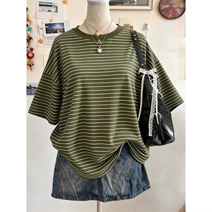Nouveau design, t-shirt décontracté à rayures imprimées numériquement, coupe oversize mi-longue, col rond, épaules tombantes, pour femme, vêtement de sport, t-shirt oversize - Product Image 6