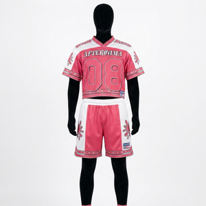 Premium breathable polyester mesh t shirt and shorts set pink yellow striped panels <b>heat</b> transfer custom logo for men's set - Product Image 4