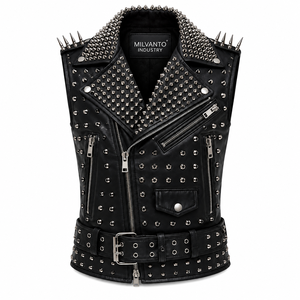 Gilet de motard pour homme en cuir véritable 100% |   Gilet de moto punk clouté avec col à revers à pointes, plusieurs poches zippées - Product Image 1