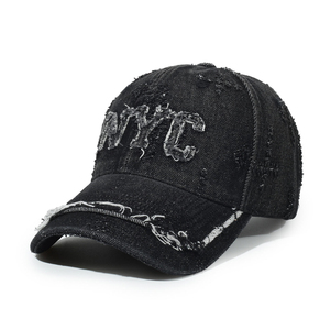 Cross-border Washed and Ripped Peaked <b>Cap</b>, Vintage Trendy NYC Letter Embroidered Denim Baseball <b>Cap</b> for Men, Soft Top Hat Wool - Product Image 2