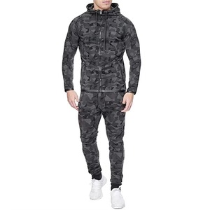 <b>Mens</b> Gray Camouflage Hooded Tracksuit Set Full Zip Sweatshirt Jogger <b>Pants</b> Casual Sportswear Breathable Polyester Two Piece Suit - Product Image 1