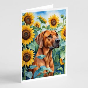 Whimsical Rhodesian Ridgeback in Sunflowers A7 Tarjetas de felicitación Pack 8 Tarjetas de notas en blanco con sobres Tamaño 5x7 - Product Image 1