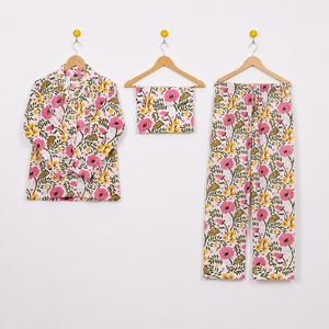 Ensemble de pyjama floral 3 pièces en coton satiné pour femme, vêtements de nuit à manches longues, boutonné, taille élastique, vêtements de détente - Product Image 1