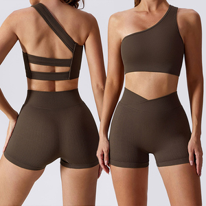 Women's Olive <b>Green</b> 2 Piece Yoga <b>Set</b> One-Shoulder Crop Top High Waist Shorts Asymmetric Ribbed Seamless Sportwear - Product Image 4