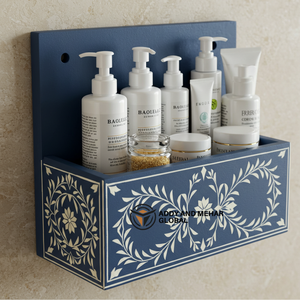 ชั้นวางของติดผนังห้องน้ำลายดอกไม้สีฟ้า – ชั้นวางของไม้สำหรับอุปกรณ์อาบน้ำและของใช้ในห้องน้ำ - Product Image 6