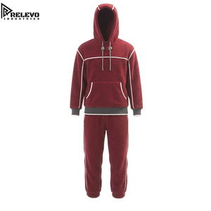 OEM Men Cozy Burgundy Fleece <b>Tracksuit</b>, Complete Two-Piece Set Featuring a Hooded Sweatshirt with Contrast Piping - Product Image 1