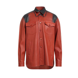 Men's Red Leather <b>Shirt</b> Long Sleeve Workwear Style Turn-down Collar Solid Color Casual <b>Shirt</b> Autumn Wear - Product Image 1