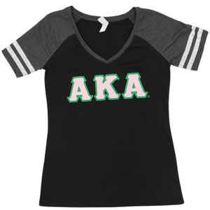 AKA เสื้อยืดคอวีสีดำวินเทจ แขนลายทางสีเทา ปักตัวอักษร เสื้อยืดผู้หญิง สีดำ สีเทา - Product Image 2